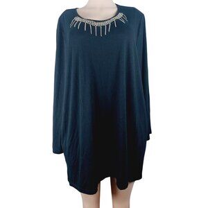 Catherine's Women's Dark Blue Long Sleeve Embellished Neck Blouse To Size 2X